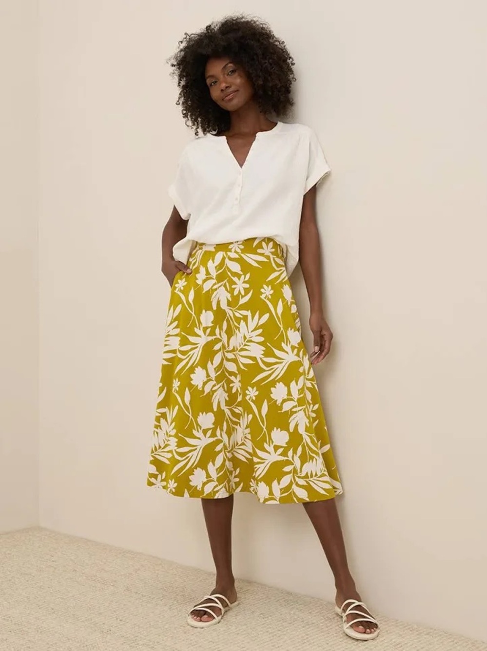 Pact Tropical Palms Chartreuse Floral Fit and Flare Midi Skirt Like New Cotton